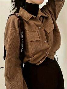 Women's Plus Size Ribbed Solid Color Minimalist Casual Long Sleeve Jacket Brown - Brown - View 3