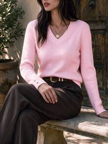 DONICY Women Elegant V Neck Ribbed Knit Sweater, Slim Fit Long Sleeve Top With Button Cuffs, Fall Pink Casual Knitted Pullover - Pink - View 7