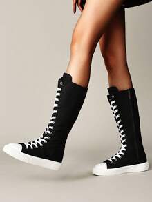 All-Season Outdoor Women's Fashion Flat Over-The-Knee Boots, Built-In Zipper, Breathable Lightweight Comfortable Athletic Shoes, Black All-Season, Fabric Upper, Suitable For Students, Parties And Daily Outings, Size 36-43, Tall Boots For Women - Black and White - View 4