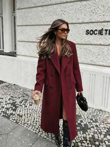 Women's Overcoat Solid Color Long Sleeve Double-Breasted Jacket - Red - View 1