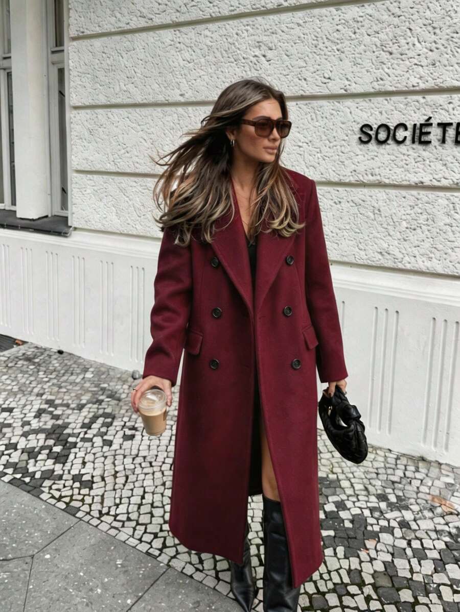 Women's Overcoat Solid Color Long Sleeve Double-Breasted Jacket - Red - View 1