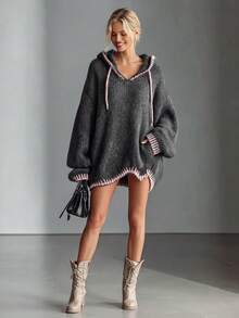 Women's Colorblock Hooded Drawstring Drop Shoulder Ribbed Long Sleeve Oversized Loose Knit Dress, Plush Soft Cozy, Fall Winter Vintage Versatile - Dark Grey - View 4