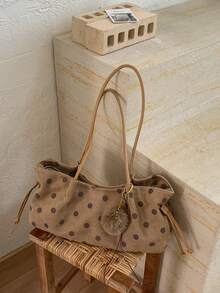 New Fall/Winter Fashionable Casual Polka-Dot Print Suede Large-Capacity Women's Shoulder Bag With Charms, Pleated Design Handbag - Khaki - View 8