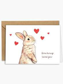 1pc Cute Bunny Greeting Card, Adorable Hand-Drawn Rabbit With Hearts, Sweet Love And Friendship Card, Cute Gift Card For Friends, Family And Loved Ones - Multicolor - View 5