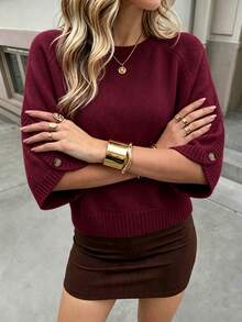 Women's Casual Autumn/Winter Solid Beige Round Neck Batwing Sleeve Knit Top, Button Design Pullover Sweater, Suitable For Daily Office Commute - Burgundy - View 5