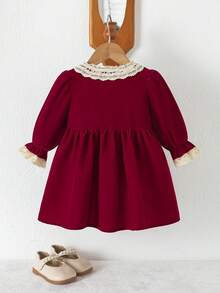 1pc Burgundy Velvet Lace Collar Long Sleeve Dress For Baby Girls, Front Button Vintage Palace Style High Waist A-Line Dress - Burgundy - View 3