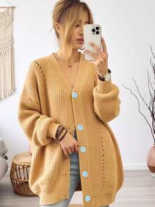 Cardigan Rajut Wanita Ukuran Besar Warna Khaki Dasar, Leher V, Tekstur Bergaris, Penutup Kancing Depan, Atasan Longgar Kasual, Musim Gugur/Dingin - Kuning - View 3