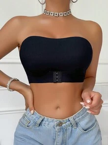 Black Ribbed Front-Clasp Bandeau Bra, One-Shoulder Bandeau Top, Front Hook Design, Removable Inserts - Multicolor - View 6