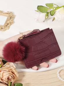 With A Pom-Pom Charm, Fashionable And Minimalist Zipper Credit Card Bag, Ultra-Thin Coin Pocket Card Bag, Suitable For Outdoor And Travel - Burgundy - View 11