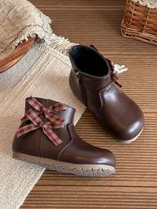 Girls' Vintage Plaid Bow Ankle Boots, Inner Zipper Soft Sole Non-Slip Boots, Sweet Princess Ankle Boots For Autumn/Winter - Brown - View 1