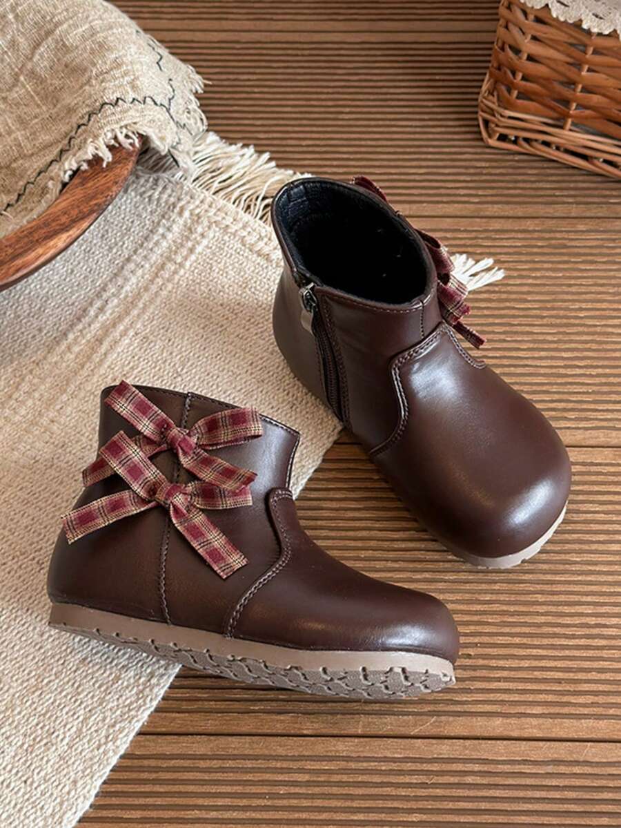 Girls' Vintage Plaid Bow Ankle Boots, Inner Zipper Soft Sole Non-Slip Boots, Sweet Princess Ankle Boots For Autumn/Winter - Brown - View 1