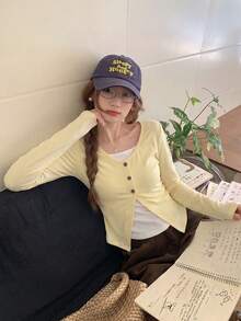 Sweet & Cute 2 In 1 Patchwork Long Sleeve T-Shirt, Women's Autumn Top - Yellow - View 2