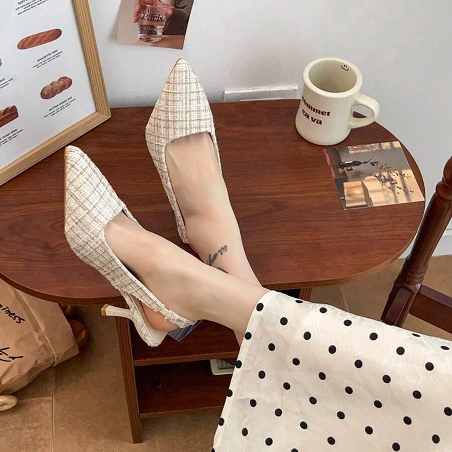 Beige Tweed Pointed Toe Slingback High Heels, Soft Elegant Summer Stiletto Pumps, Suitable For Wedding Guests, Garden Parties And Afternoon Tea