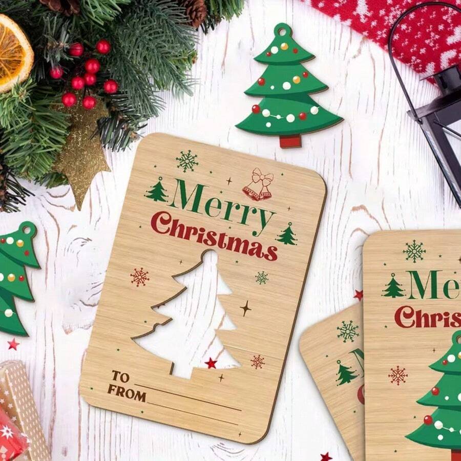 3pcs Unfinished Wooden Greeting Cards With "Merry Christmas" Text, Creative Cut-Out Design, Includes 3 Christmas Tree Shaped Ornaments, Ideal Christmas Gift For Friends And Family - A - View 1