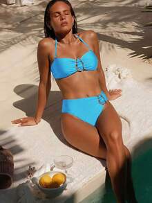 Women's Solid Color Halter Neck Bikini 2 Pieces Set With Metal Decor, Suitable For Island Vacation Beach Summer - Light Blue - View 1