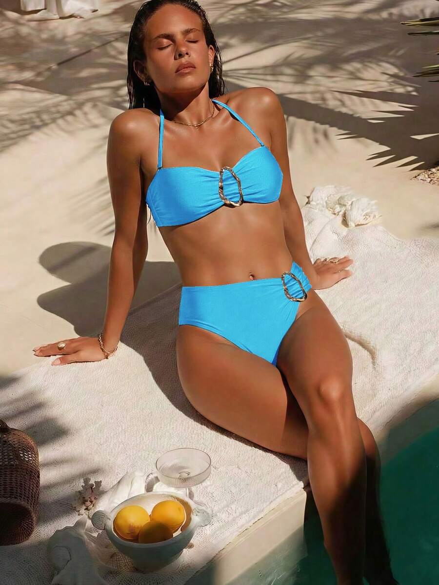 Women's Solid Color Halter Neck Bikini 2 Pieces Set With Metal Decor, Suitable For Island Vacation Beach Summer - Light Blue - View 1