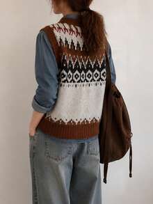 Women's Autumn/Winter Casual Minimalist Versatile Vintage Design Pattern Cardigan Sweater Vest - Multicolor - View 2