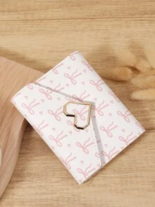 Dompet Wanita Multifungsi Minimalis Kasual dengan Motif Pita, Dompet Multifungsi dengan Dekorasi Hati Logam, Dompet Lipat Tiga untuk Wanita - Putih - View 5