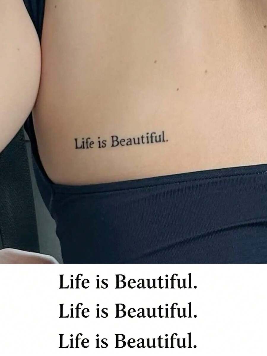 「Life Is Beautiful」名言臨時紋身貼 防水持久 假身體藝術貼紙 勵志襯線字體字母紋身貼 適用鎖骨、肋骨，女款男款成人通用