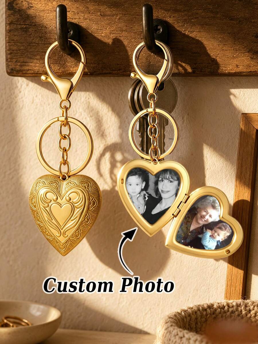 1pc Customized Photo Keychain, Heart-Shaped Keychain, Bag Charm, Mother's Day Gift, Heart Photo Box Keychain, Stainless Steel Laser Engraved Picture Keychain, Stainless Steel Jewelry With Engraved Picture, Commemorative Gift - Gold - View 1