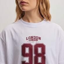 Oversized Unisex Cotton Blend T-Shirt, Crew Neck, Vintage Graphic Print With Letters And Numbers, 90s Retro American College Style, Casual - White - View 2