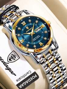 1pc Women's Stainless Steel Blue Dial Elegant Waterproof Luminous Quartz Date Wrist Watch, Fashionable Women's Watch Suitable For Business Occasions - Blue - View 10