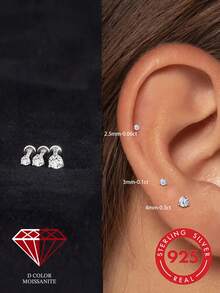 1pc 0.3ct Moissanite 925 Sterling Silver 18K Gold Plated Flat Back Cartilage Spiral Ear Stud Bridal Jewelry Daily Wear Wedding - Silver - View 22