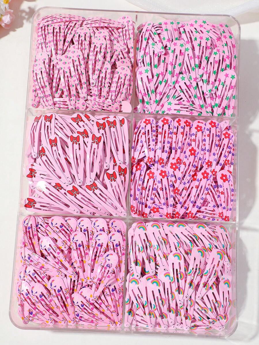 60/20/5pcs Girls Pink Printed Bangs Clips BB Clips Bow Hair Clips Hair Accessories For Girls, High Elasticity Durable Non-Damaging Hair Ties Hair Ropes Sweet Versatile Small Rubber Bands For Daily Use - Pink - View 1