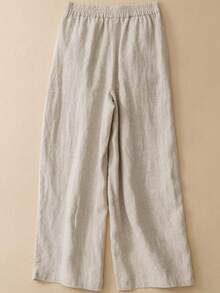 Linen Blend Wide Leg Pants, Elastic Waist Embroidered Hem Autumn Long Pants - Linen - View 2