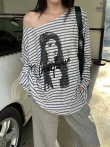 Kaos Lengan Panjang Bergaris Longgar dengan Bahu Asimetris Model Baru, Potongan Acak - Light Grey - View 2