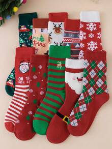 5 Pares de Meias de Natal Femininas Aleatórias de Outono/Inverno com Flocos de Neve, Renas, Papai Noel e Desenhos Animados de Casal até a Panturrilha - Multicolorido - Visão 1