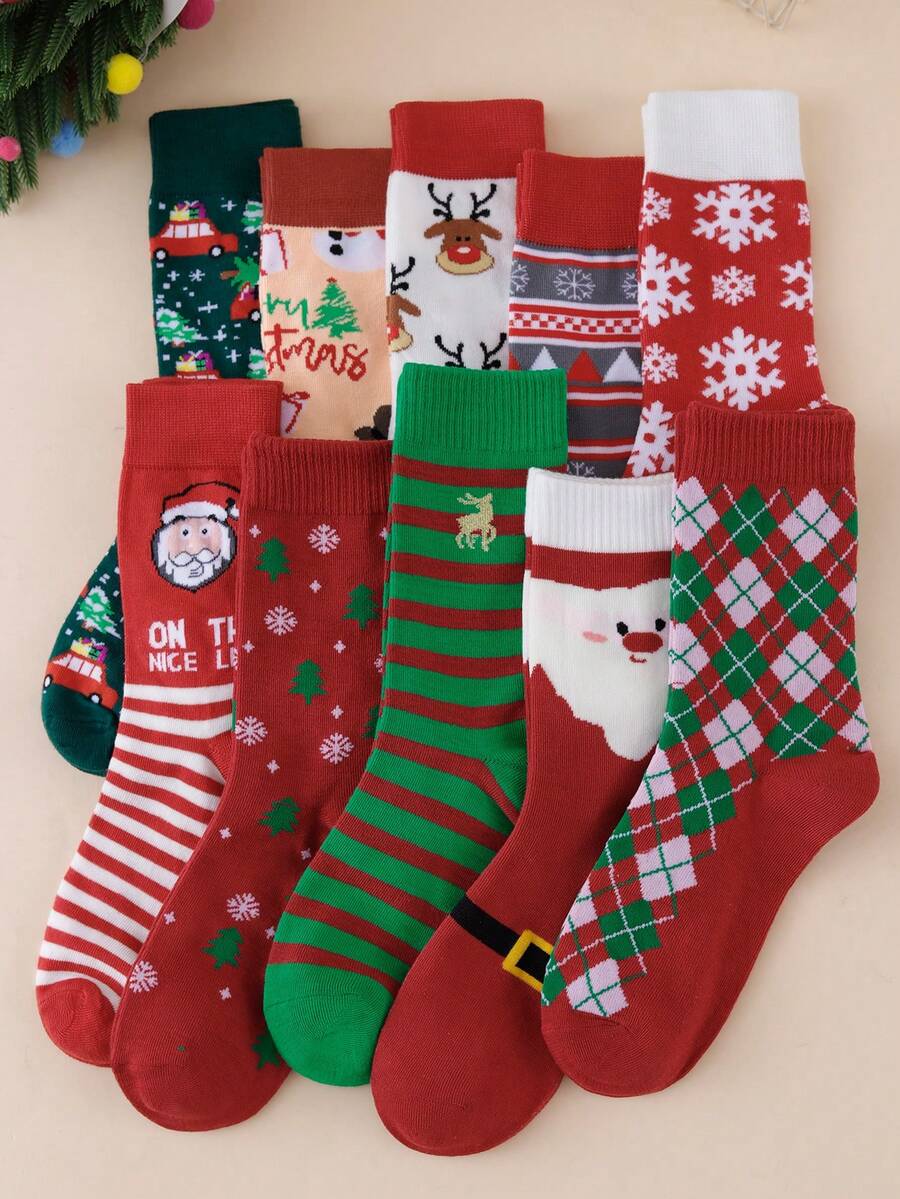 5 Pares de Meias de Natal Femininas Aleatórias de Outono/Inverno com Flocos de Neve, Renas, Papai Noel e Desenhos Animados de Casal até a Panturrilha - Multicolorido - Visão 1