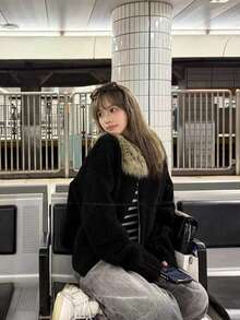 Custom Dyed Faux Fur Collar Small Grain Lamb Fleece Jacket Winter Black Fuzzy Winter Coat - Black - View 5