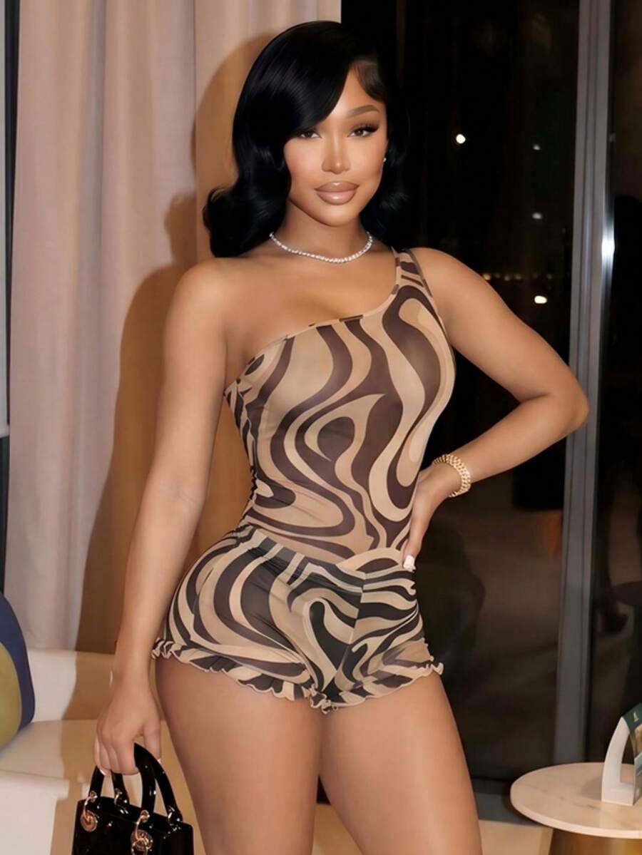 SYchuan Women's Sexy One-Shoulder Sheer Slim Fit 2 Pieces Set, Vortex Print, High Elastic Fabric, Suitable For Tropical Vacation And Summer Nights - Khaki - View 1