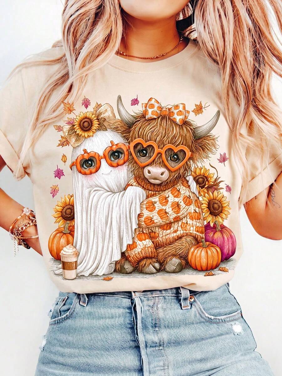Adorable Autumn Highland Cow Ghosts, Halloween Horror Season, Autumn Cow Shirt Ghost Sublimation Pattern, Autumn Pumpkin Cow Lovers - Apricot - View 1
