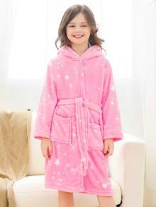 Tween Girl Star Print Hooded Belted Flannel Robe - Pink - View 2