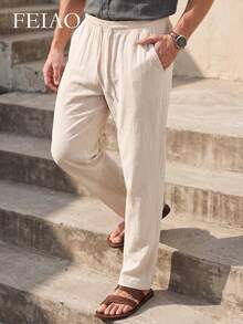 FEIAO Men's Vintage Style Pure Cotton Casual Pants, Coin Print, Suitable For Casual And Commute Wear, All Seasons - Apricot - View 3