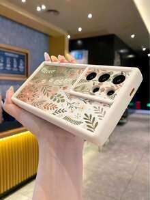 1pc Fashion Pure Android TPU Material Leaf Element Pattern Lens Protection Thick Anti-Drop Anti-Fingerprint Beige Diamond Sand Phone Case Compatible With Samsung/Transsion/HONOR/ - Beige - View 5