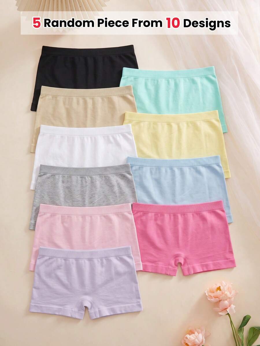 5pcs Girls Random Color Seamless Slip Shorts, Solid Basic Modesty Undershorts, Everyday Comfort Panties - Multicolor - View 1