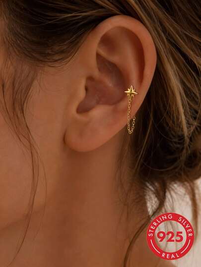 1pc S925 Sterling Silver European & American Classic Eight-Pointed Star Chain Stud Earrings, Fashionable Exquisite Ins Minimalist Niche Design, Starlight Back-Hook Tassel Earrings, Simple Luxury Personalized Casual Versatile High-End Women's Accessory