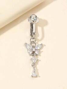 1pc Silver Non-Piercing Butterfly Fake Belly Button Piercing Clip On Fake Piercing Suitable For Daily Wear By Women - Silver - View 3