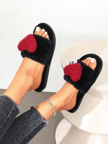 1 Pair Women's Heart-Shaped Plush Slippers, Open Toe Fluffy Flat Sandals, Comfortable Indoor Outdoor Home Slippers - Black - View 5