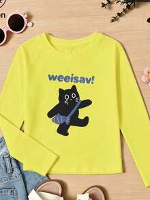 Girls Cotton Raglan Long Sleeve Tee For Fall Winter, Black Cat Print And Blue 'weeisav!' Text, Cute Sweet Preppy Style - Bright Yellow - View 3
