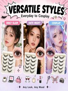 5 Pairs Cartoon Full Strip False Eyelashes, Lightweight And Delicate Synthetic Fiber, Self-Adhesive Strip No Glue Needed - Washable And Reusable, Quick Application For Thick Wild Cartoon Eyes, Suitable For Daily Hot Girl Makeup - View 2