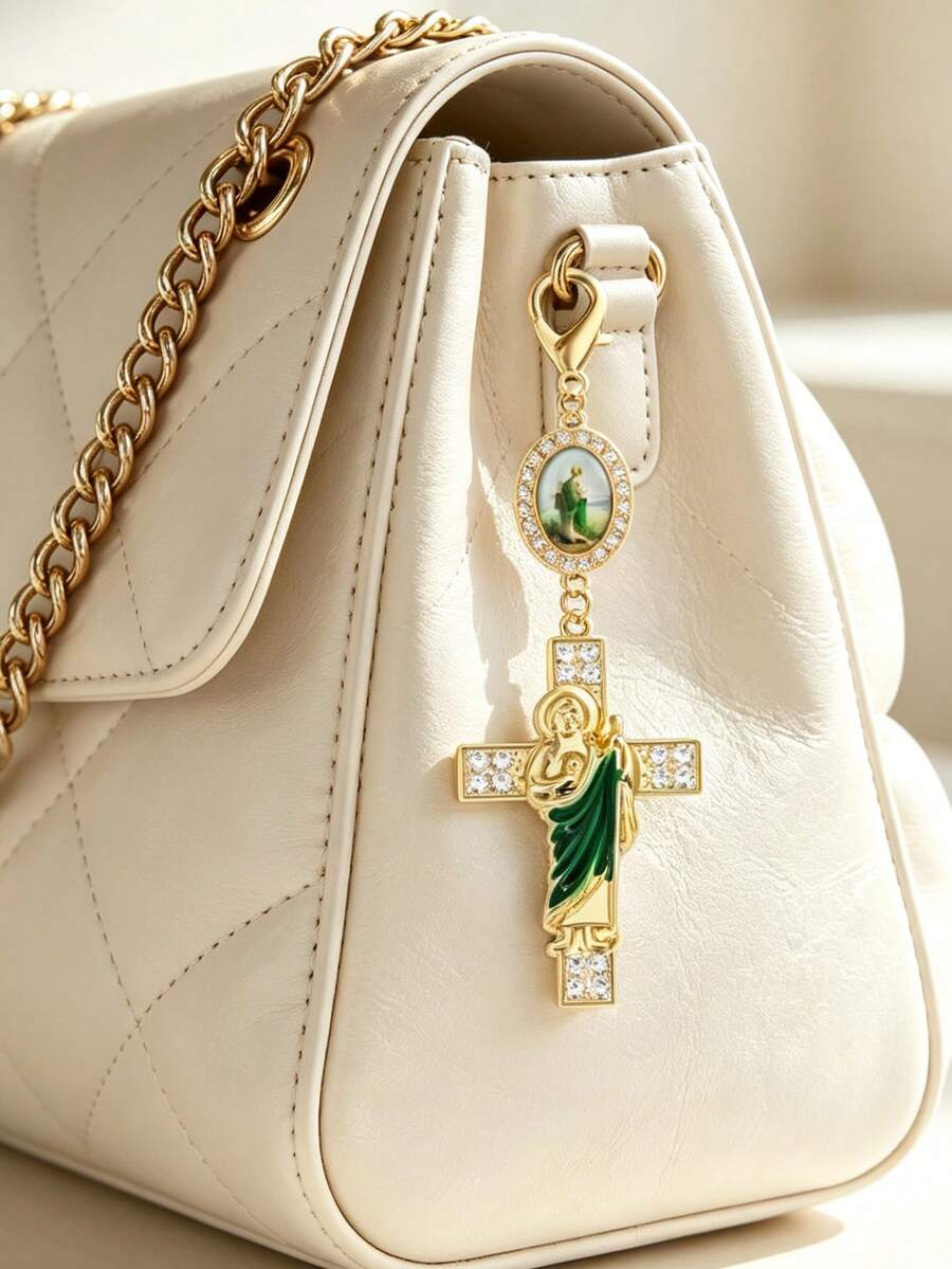 St. Benedict Keychain, Key Ring, Decorated With Small Flower Cross, Pearl And Diamond Amulet - Cross Keychain, Bag Charm, Cross Pendant, Decorative Wallet Backpack Accessory, Earphone Case Accessory, Decorative Keychain With Ring Clip, Suitable For Luggage And Car - Single Piece Ornament, Inlaid With Pearl, Diamond And Romantic Elements, Unique Gift For Thanksgiving And Christmas For Family, Mother, Female Friends Or Even Yourself - Multicolor - View 1