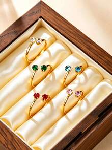 1/5pcs Double Colorful Rhinestone Open Ring For Women, Minimalist High-End Stainless Steel Non-Fading Zirconia Thin Ring, Stackable Decorative Finger Ring, Holiday Gift, Daily Commute Jewelry - Gold - View 2