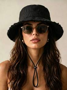 1pc Women's Drawstring Brim Bucket Hat, Adjustable Design, Soft Fabric, Sun Protection & Windproof, Suitable For Travel, Beach, Casual Vacation, Play And Daily Use - A - View 1