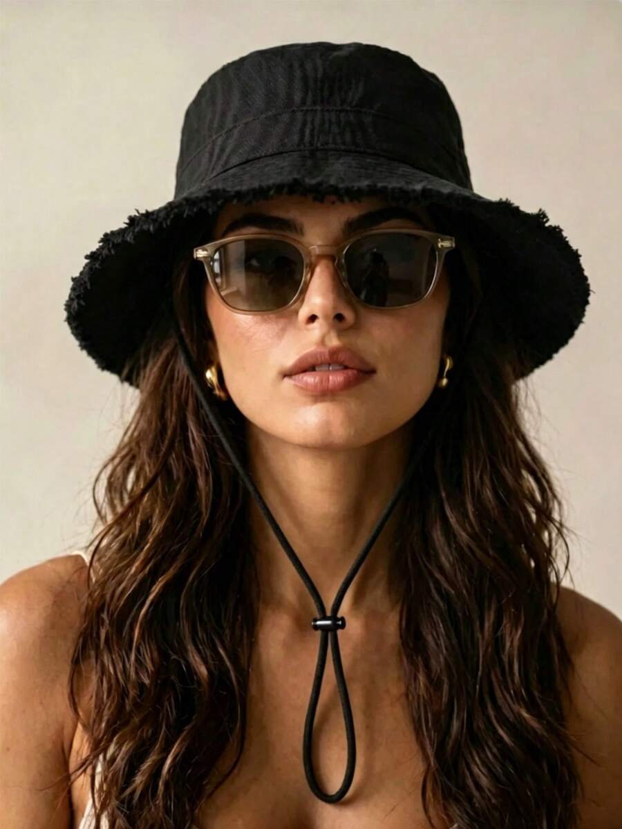 1pc Women's Drawstring Brim Bucket Hat, Adjustable Design, Soft Fabric, Sun Protection & Windproof, Suitable For Travel, Beach, Casual Vacation, Play And Daily Use - A - View 1