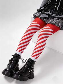 1 Pair Of Sheer Red And White Striped Tights | Ultra-Thin And Breathable-Effortlessly Create A Stylish Everyday Look. - Red - View 1