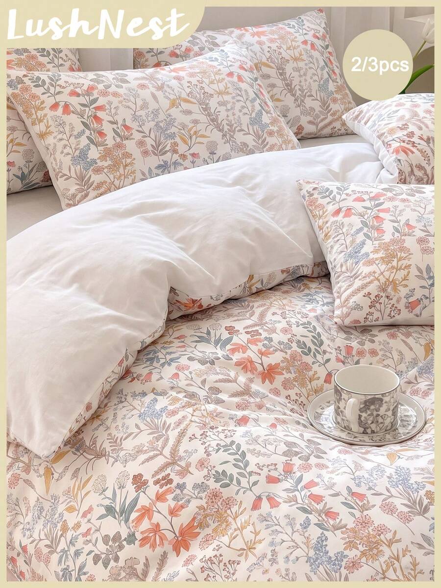 2/3件組粉色花卉植物印花被套組（1件被套 + 1/2件枕套，不含芯），清新田園風，聚酯纖維，適用於臥室，理想禮品選擇，舒適床上用品，花卉裝飾，觸感柔軟，家居裝飾